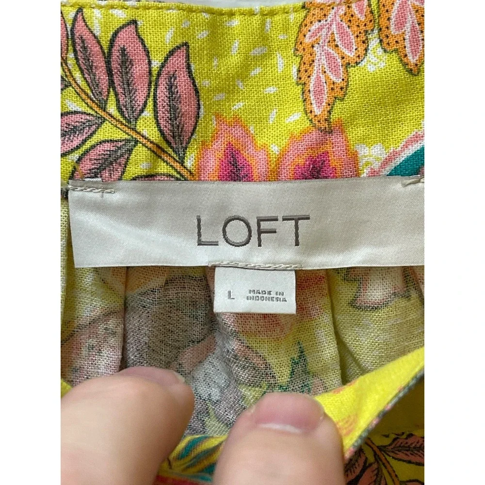 Loft Women's Medium‎ Top Yellow Floral Linen Blend Knit Square Neck Blouse